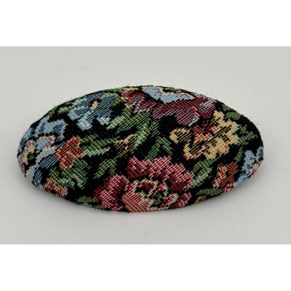 Vintage 80s Floral Tapestry Petit Point Hair Barrette Oval French Clip Black